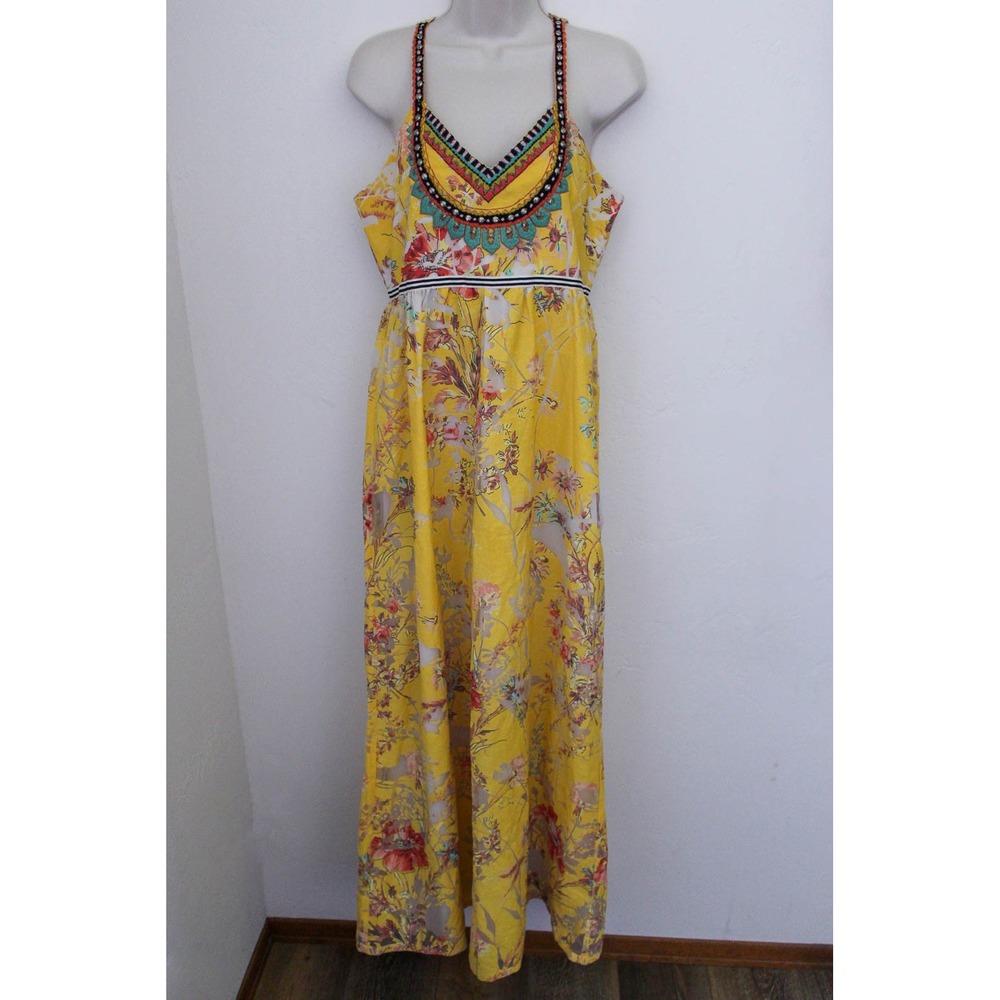 Vineet Bahl Maxi Dress Size 6 Yellow Floral Embroidered Boho Sleeveless Summer